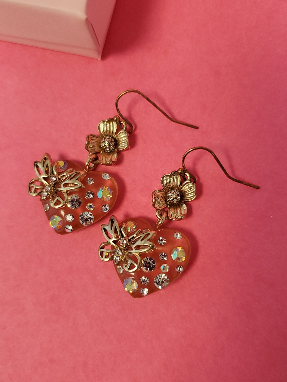 Betsey Johnson Pink Heart Drop Earrings with Gold Floral Accents and Crystals